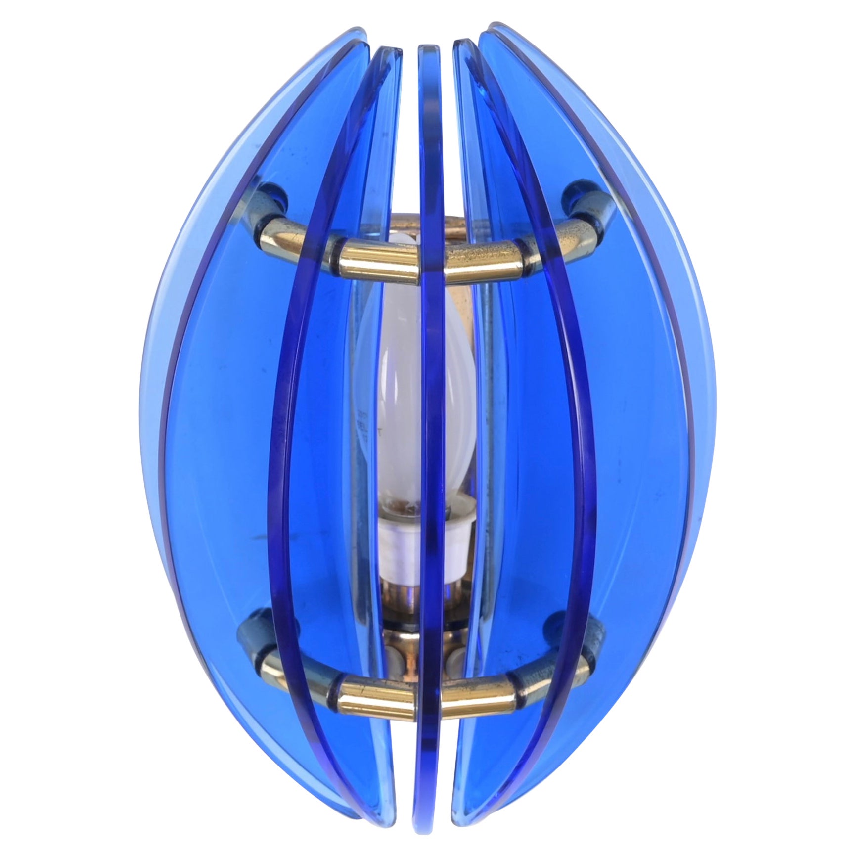 Brass and Murano Blue Glass Wall Sconce by Galvorame, Italy Lighting, 1970s