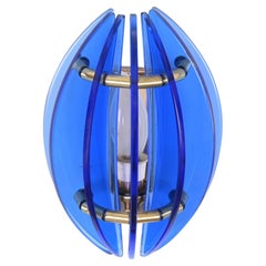 Antique Brass and Murano Blue Glass Wall Sconce by Galvorame, Italy Lighting, 1970s