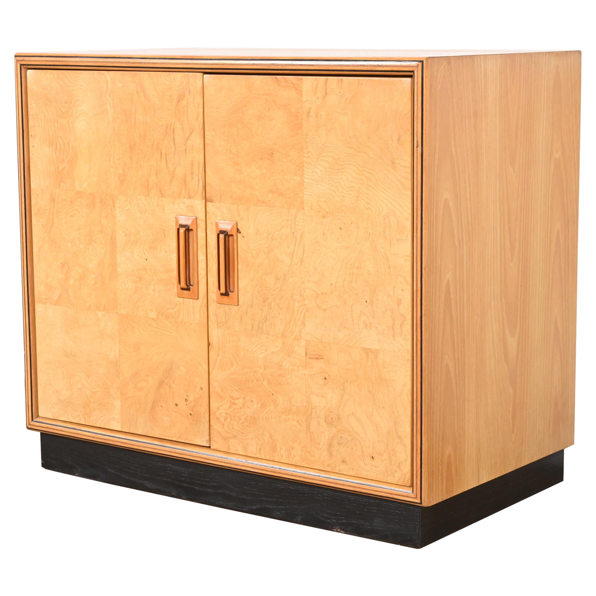 Milo Baughman Style Burl Wood Bar Cabinet by Henredon For Sale