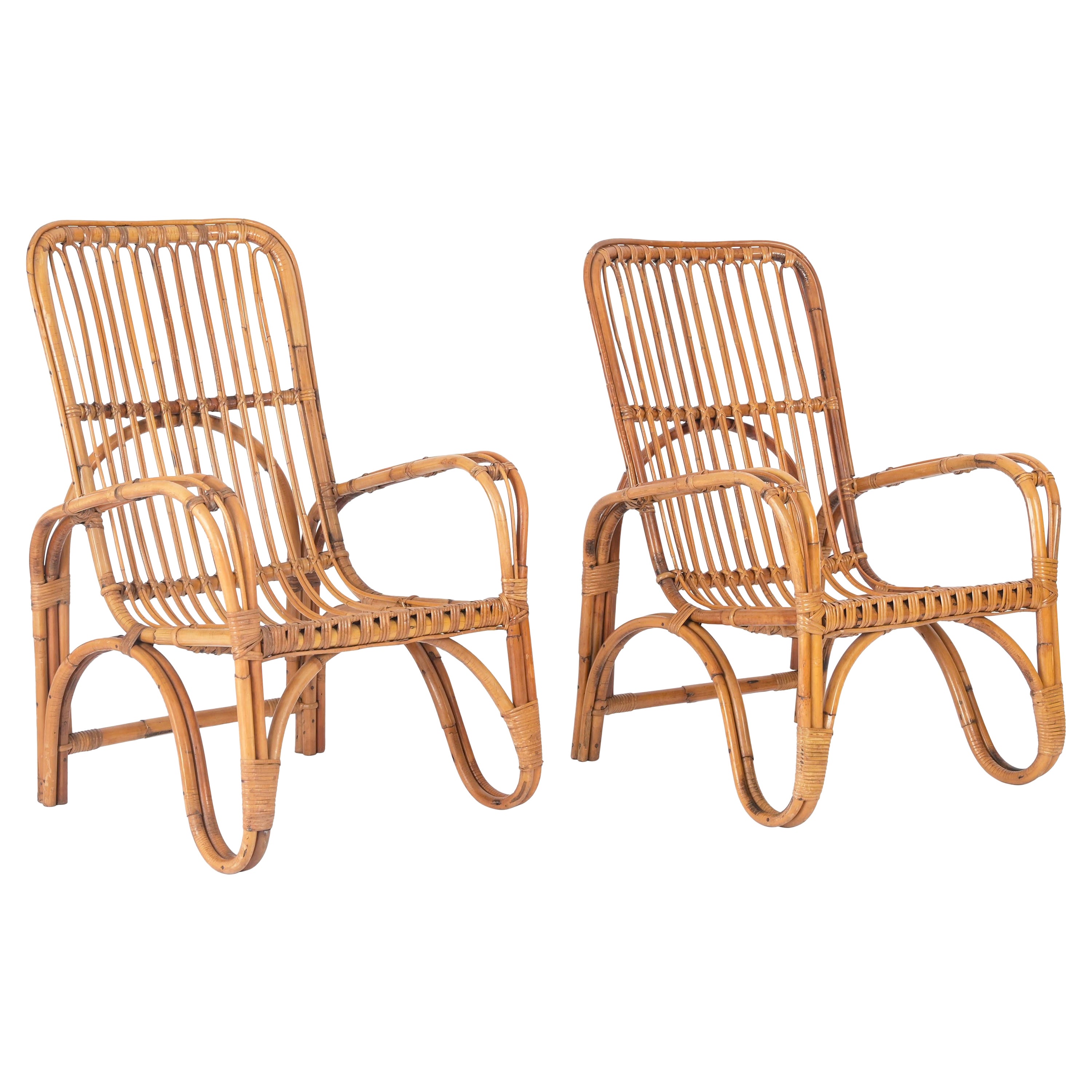 Pair of Midcentury Italian Armchairs in Rattan and Wicker, Tito Agnoli, 1960s