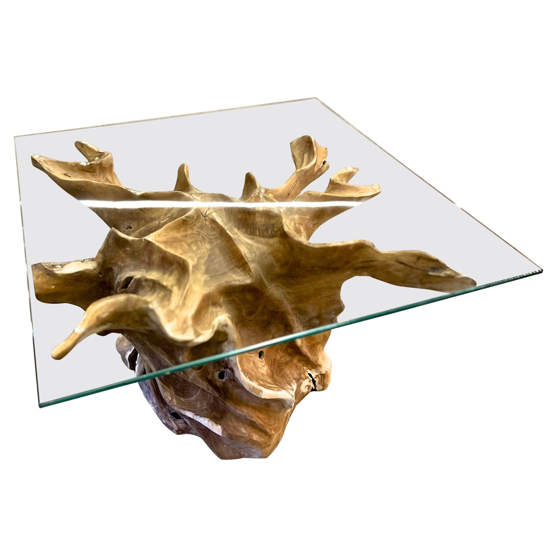 Table d'appoint moderne en teck avec plateau en verre de sécurité, IDN 2024