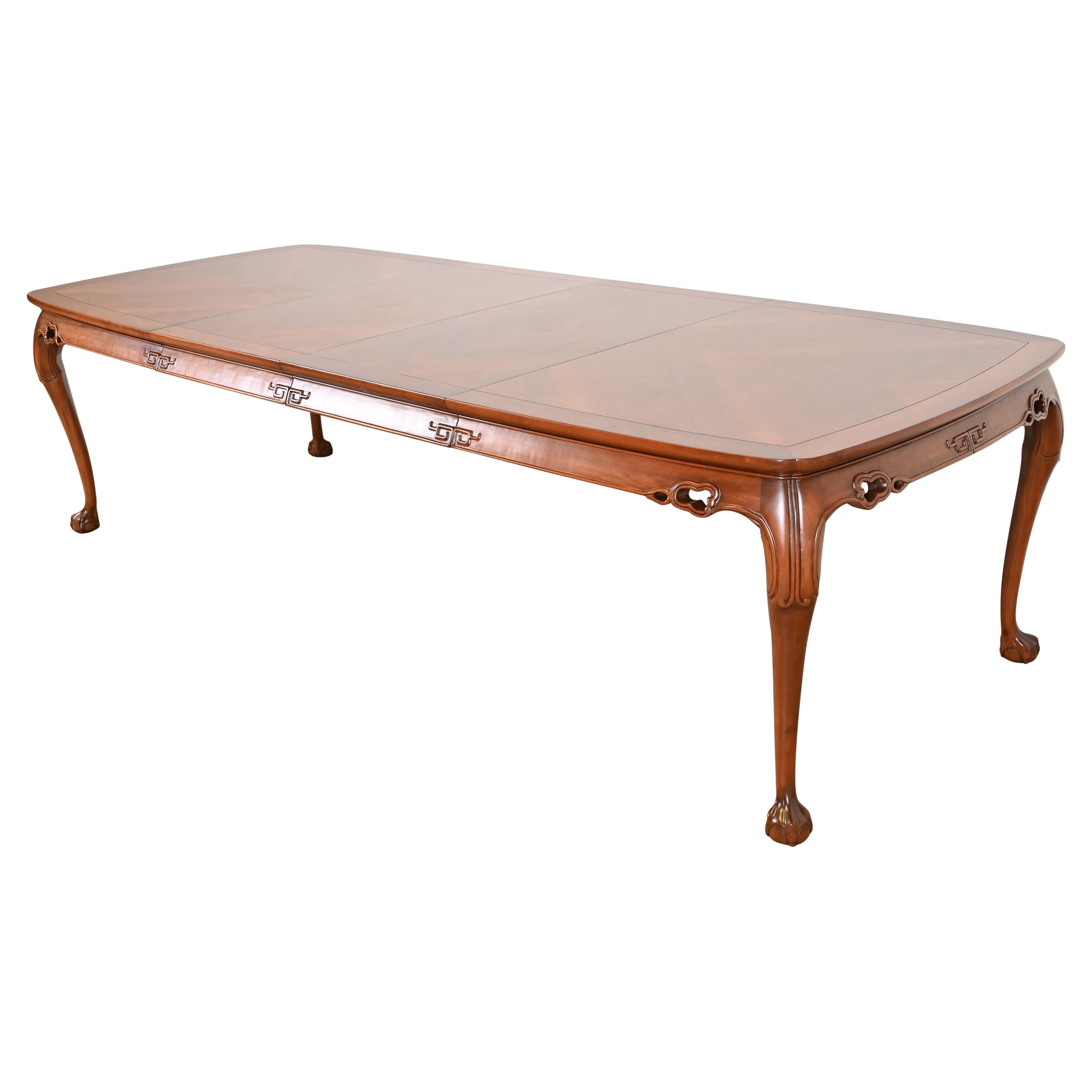 Drexel Heritage Hollywood Regency Chinoiserie Walnut Extension Dining Table For Sale