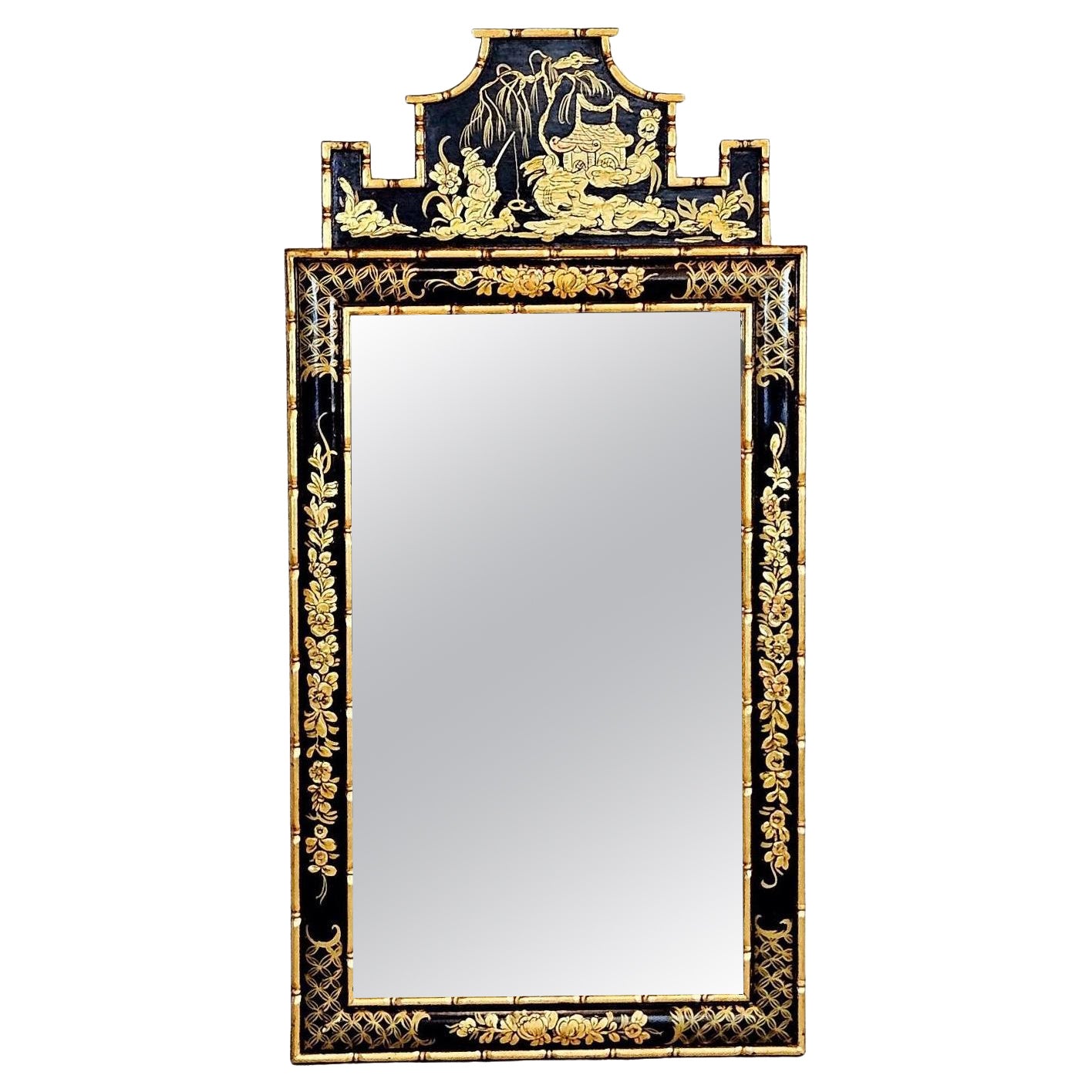 18th Century Style Chinoiserie Black Lacquer Mirror Frame with Gold Accents For Sale