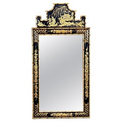 Vintage 18th Century Style Chinoiserie Black Lacquer Mirror Frame with Gold Accents