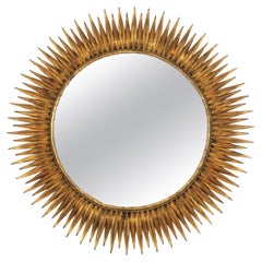 Vintage Spanish Large Sunburst Eyelash Mirror in Gilt Wrought Iron