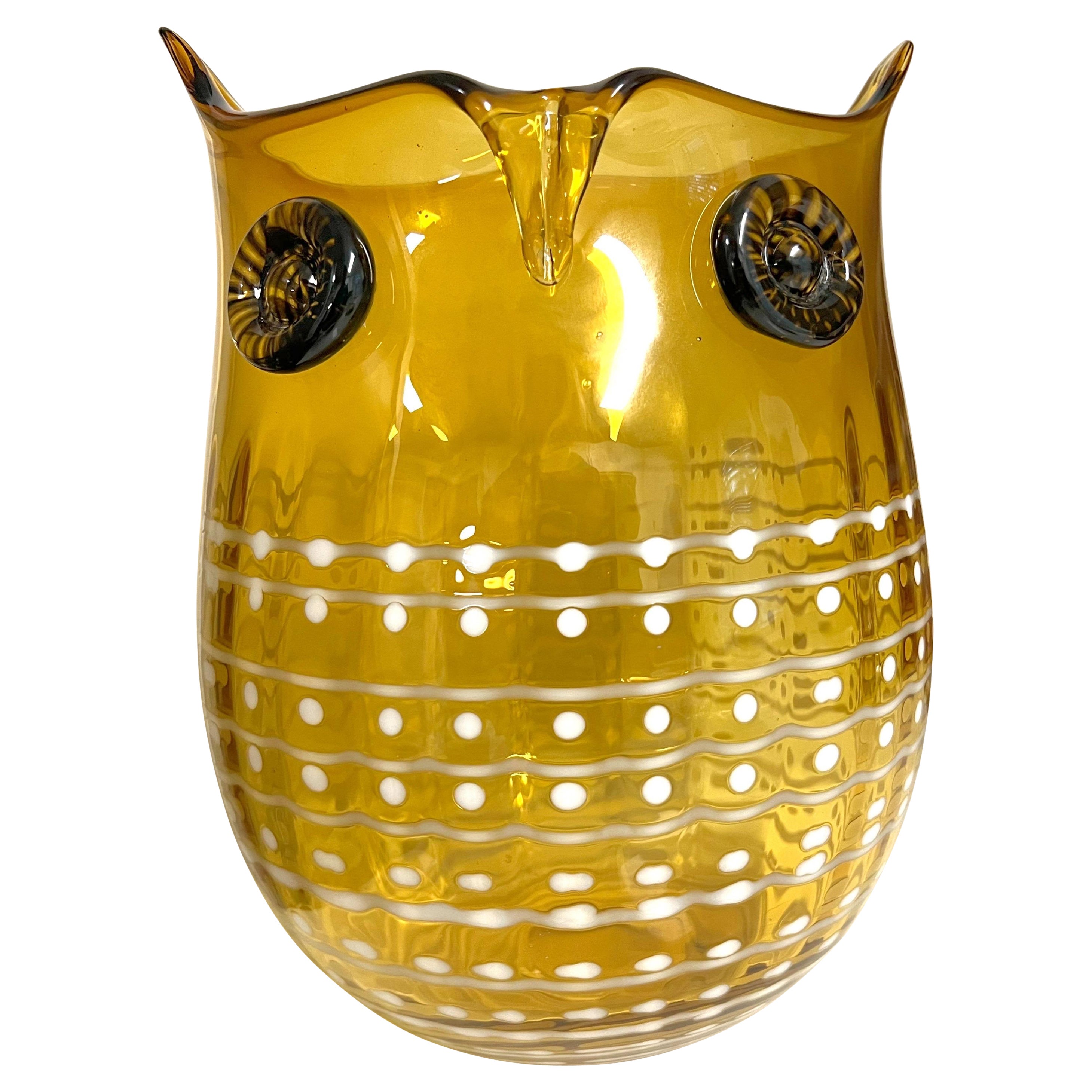 Big Vintage 1970s Blenko Art Glass Modernist Owl Design Vase For Sale