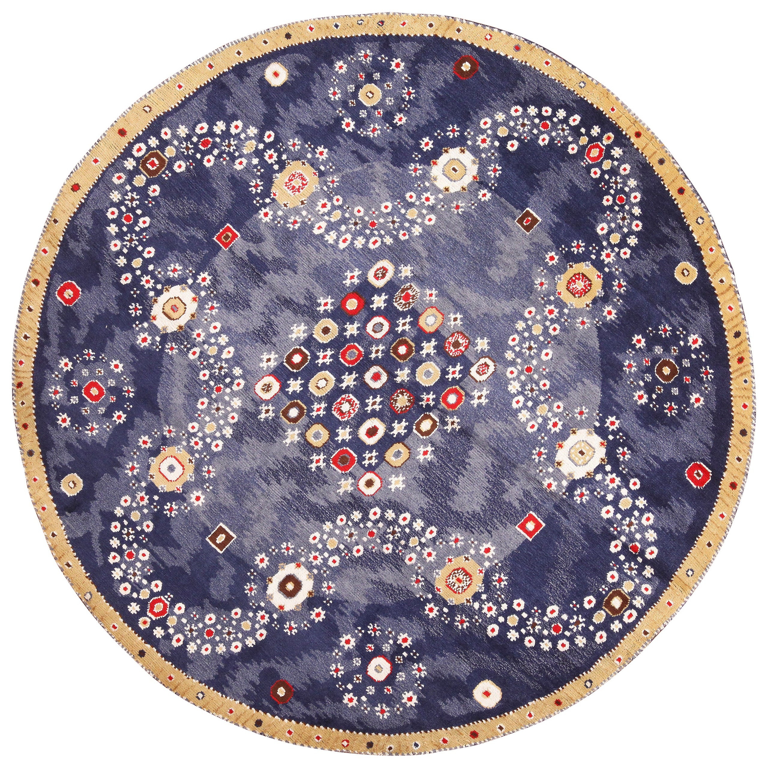Collection Nazmiyal, moderne et vibrante d'inspiration suédoise, tapis bleu rond 9'10" x 9'10" en vente