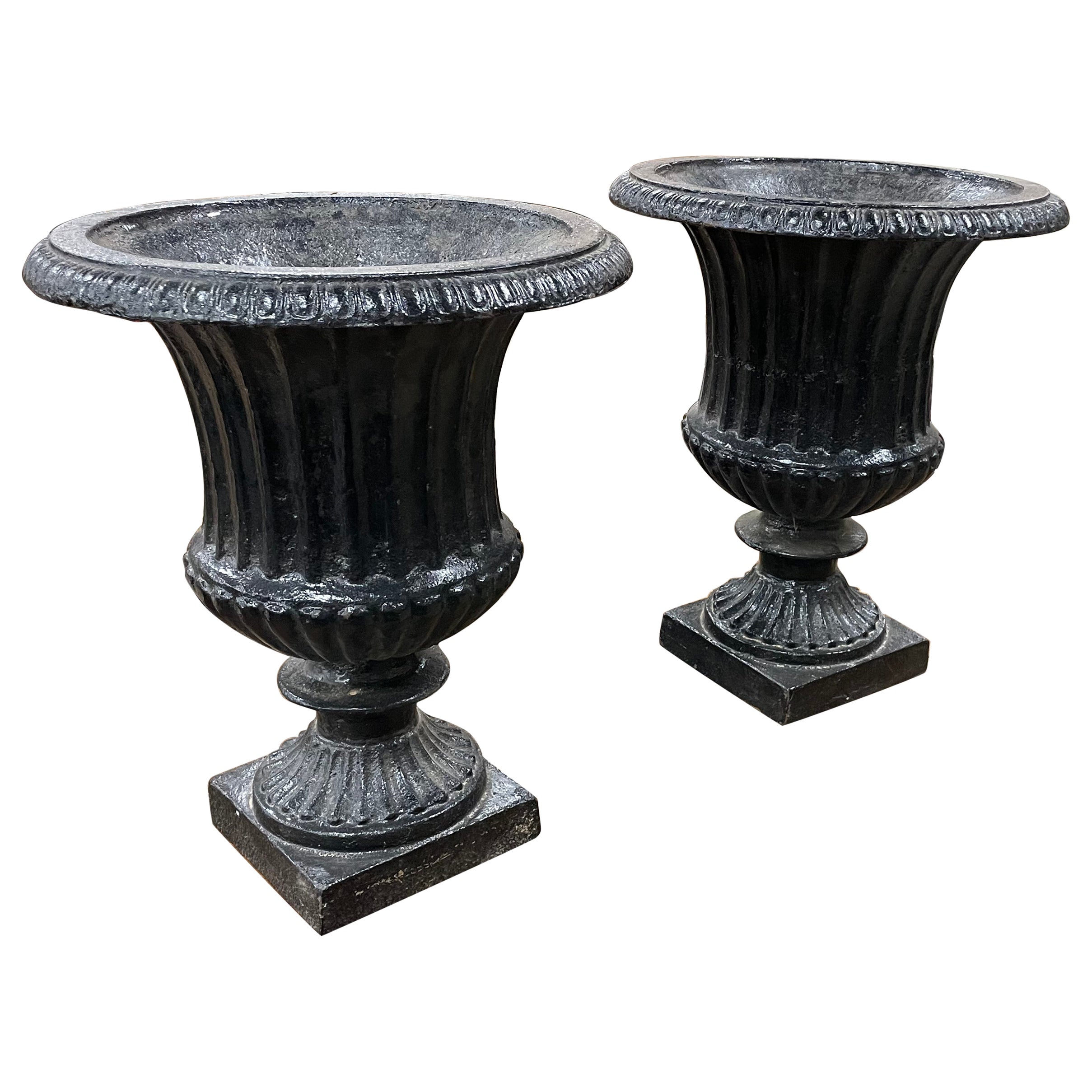 Pair of Antique English Cast Iron Urns For Sale