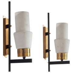 Italian Designer, Wall Lights, Brass, Metal, Glass, Italy, 1950s