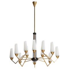 Vintage Italian Designer, Chandelier, Brass, Metal, Glass, Italy, 1950s