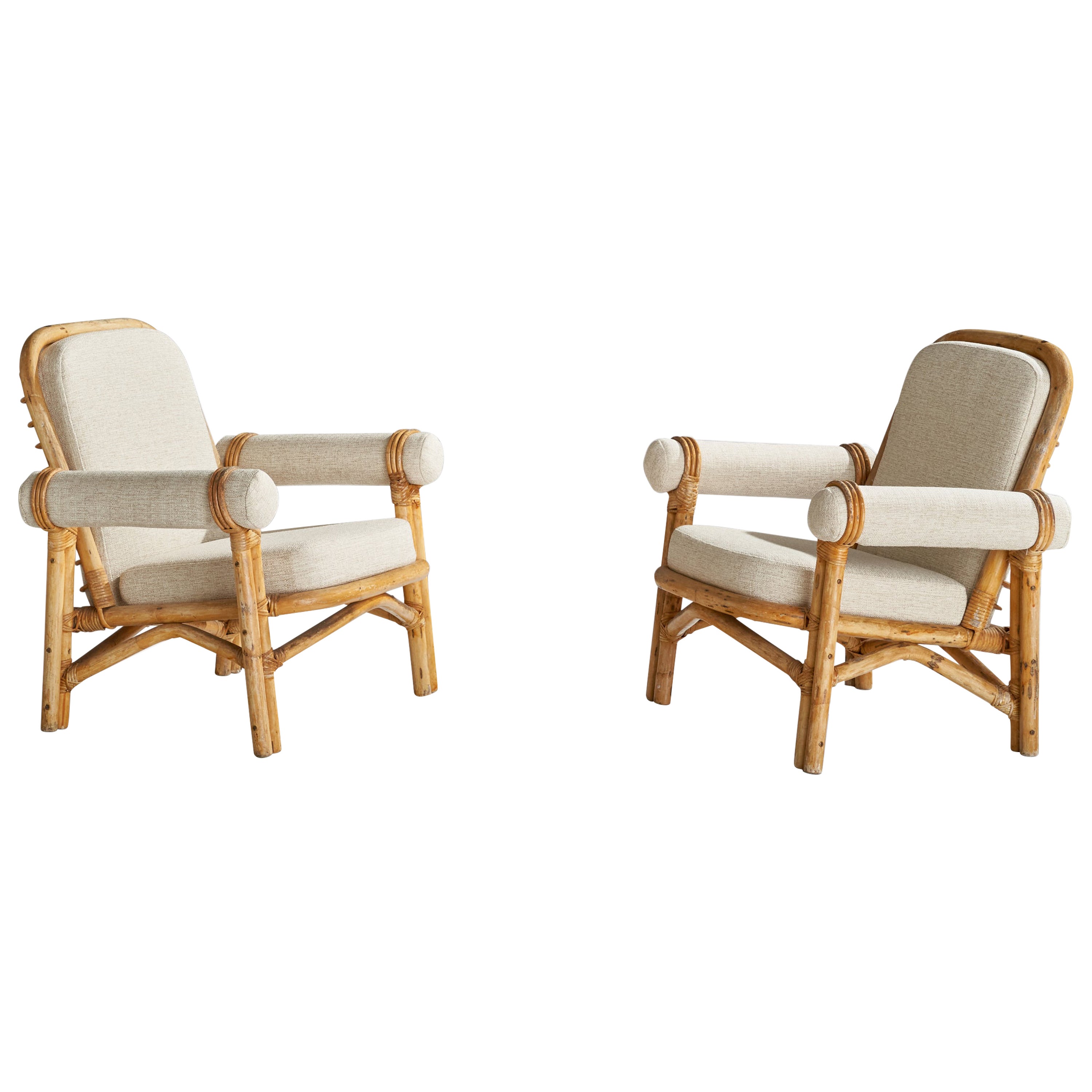 Swedish Designer, Lounge Chairs, Bamboo, Rattan, Fabric, Sweden, 1950s For Sale