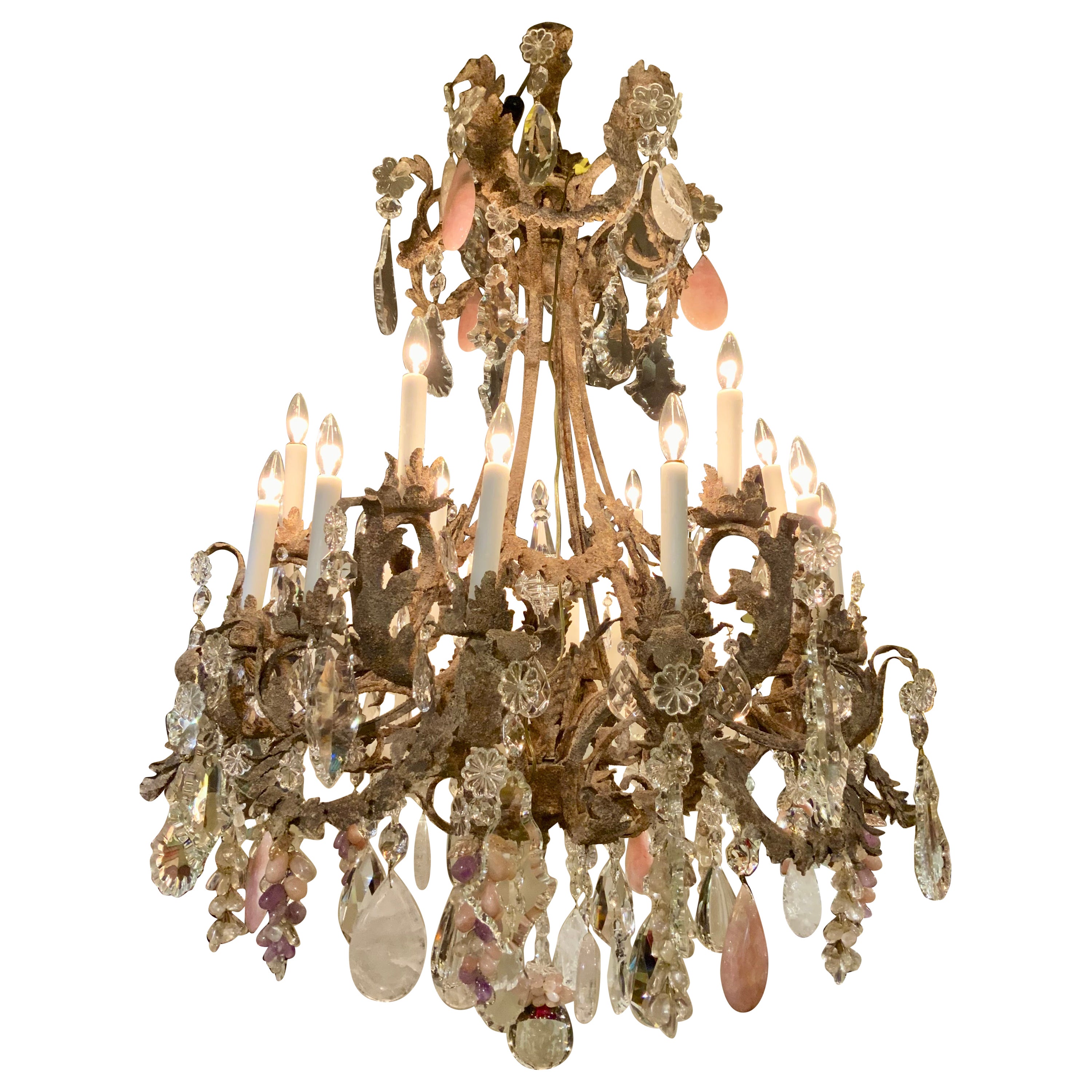 Large iron chandelier, custom finish with clear, rock,  rose quartz and amethyst For Sale