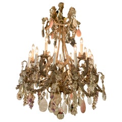 Large iron chandelier, custom finish with clear, rock,  rose quartz and amethyst