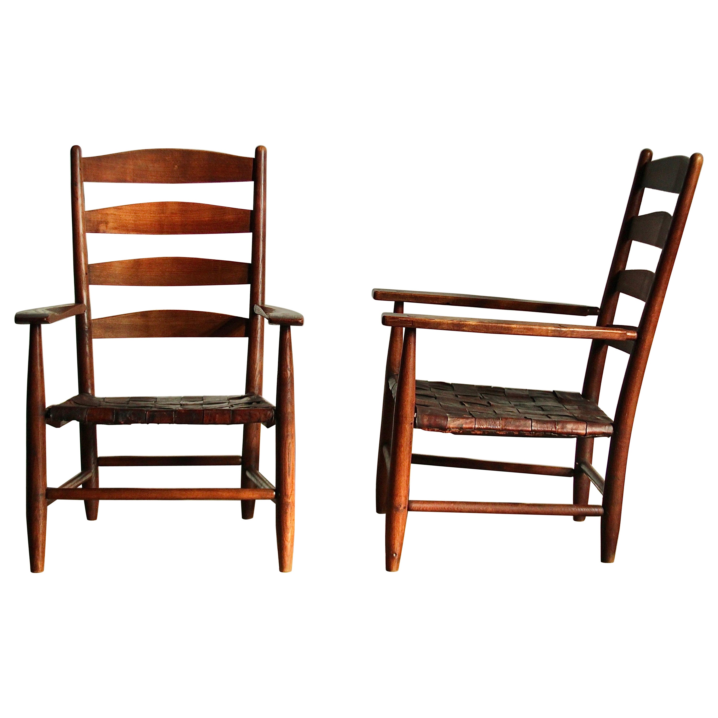 Gordon Russell Hand Built Ladder Back Oak & Woven Leather Lounge Chairs, 1904 For Sale