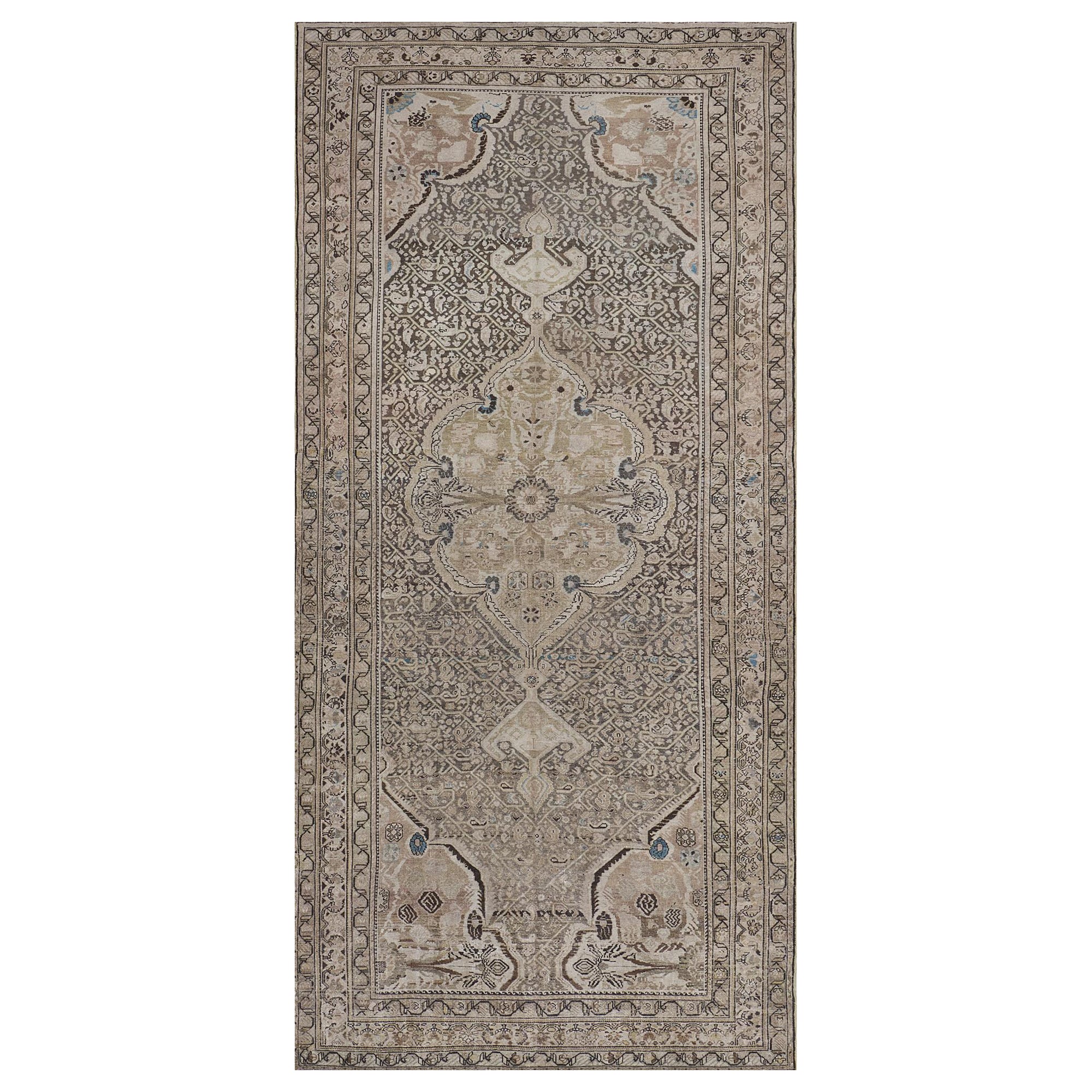 Traditional Antique Wool Grey-Blue Persian Malayer Rug For Sale