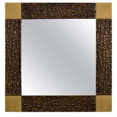 Vintage Mid Century Brutalist Square Mirror with Brass Frame