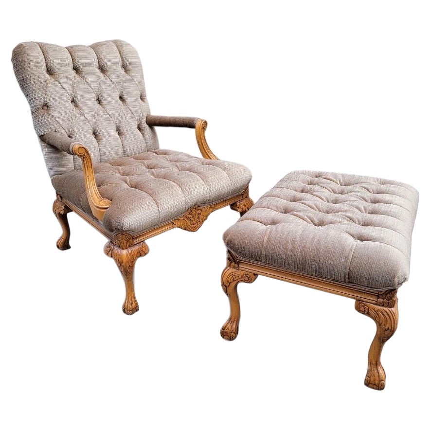 Vintage French Fauteuil Tufted Armchair & Ottoman Newly Upholstered in Mohair For Sale