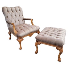 Retro French Fauteuil Tufted Armchair & Ottoman Newly Upholstered in Mohair