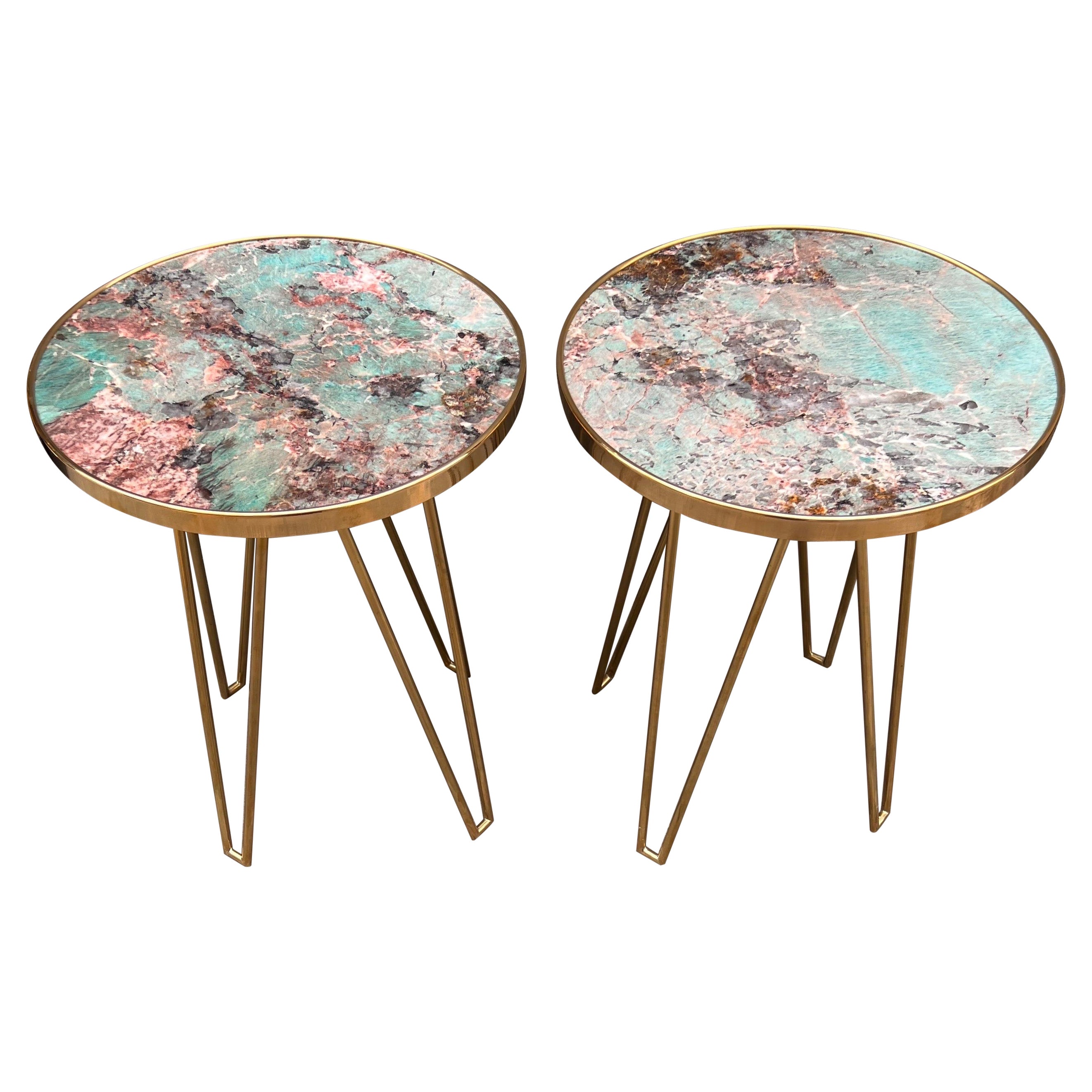 Pair of Amazzonite Marble Round  Side/End Tables with Brass Structure 1980
