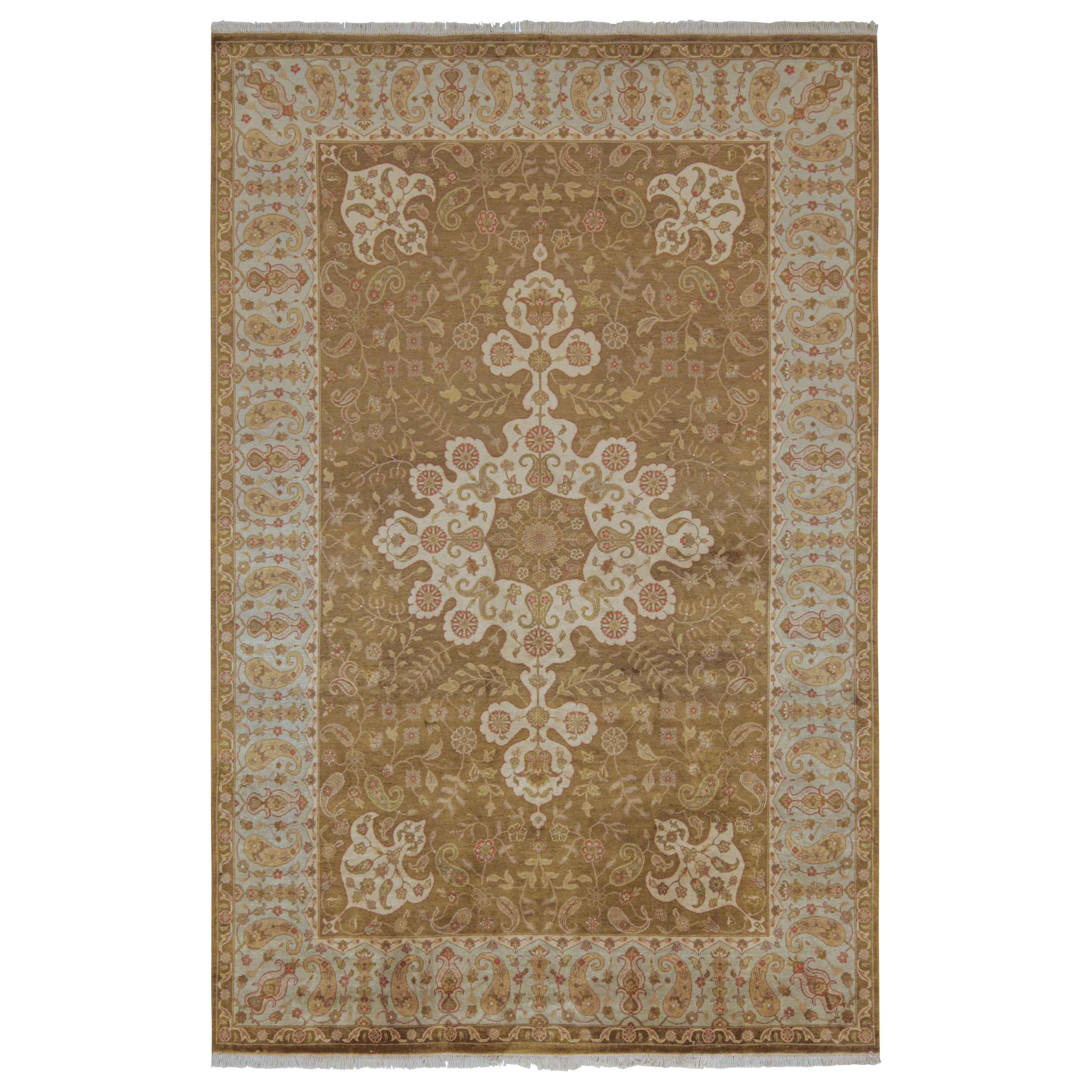 Rug & Kilim’s Classic Style rug with Brown and Off-White Medallion Floral Style For Sale