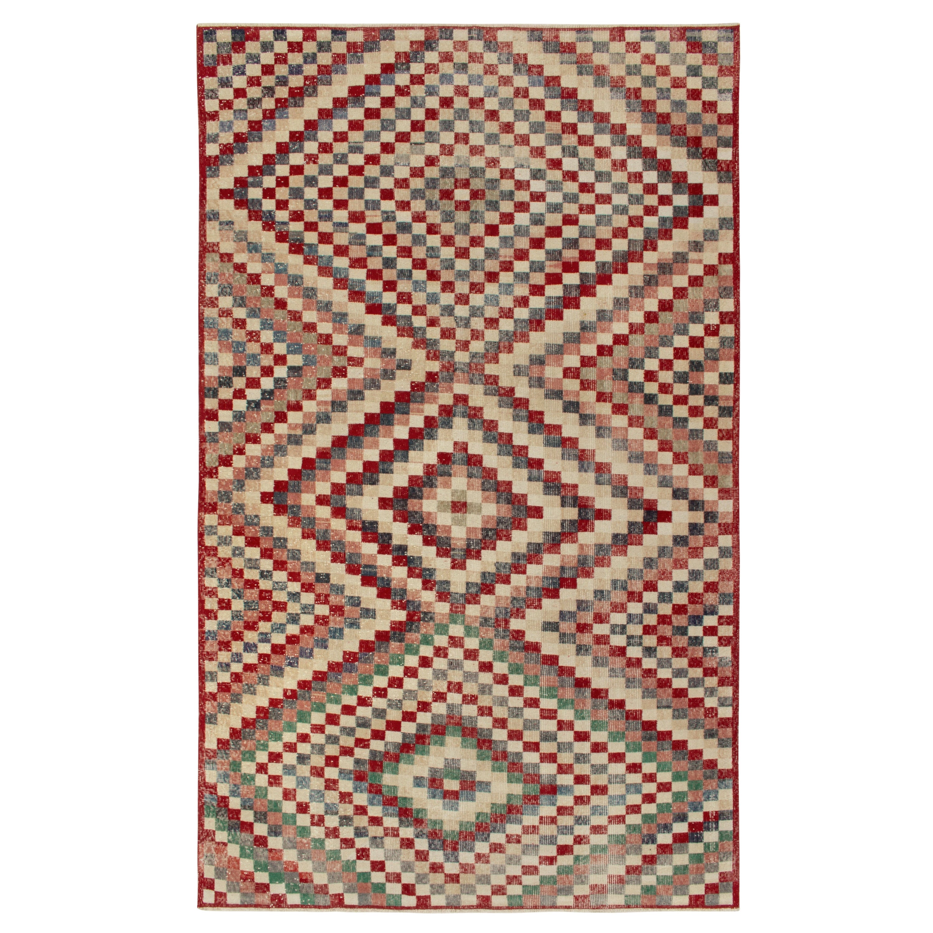 1960s Vintage Turkish Rug in Red, Beige and Pink Geometric Pattern, Distressed For Sale