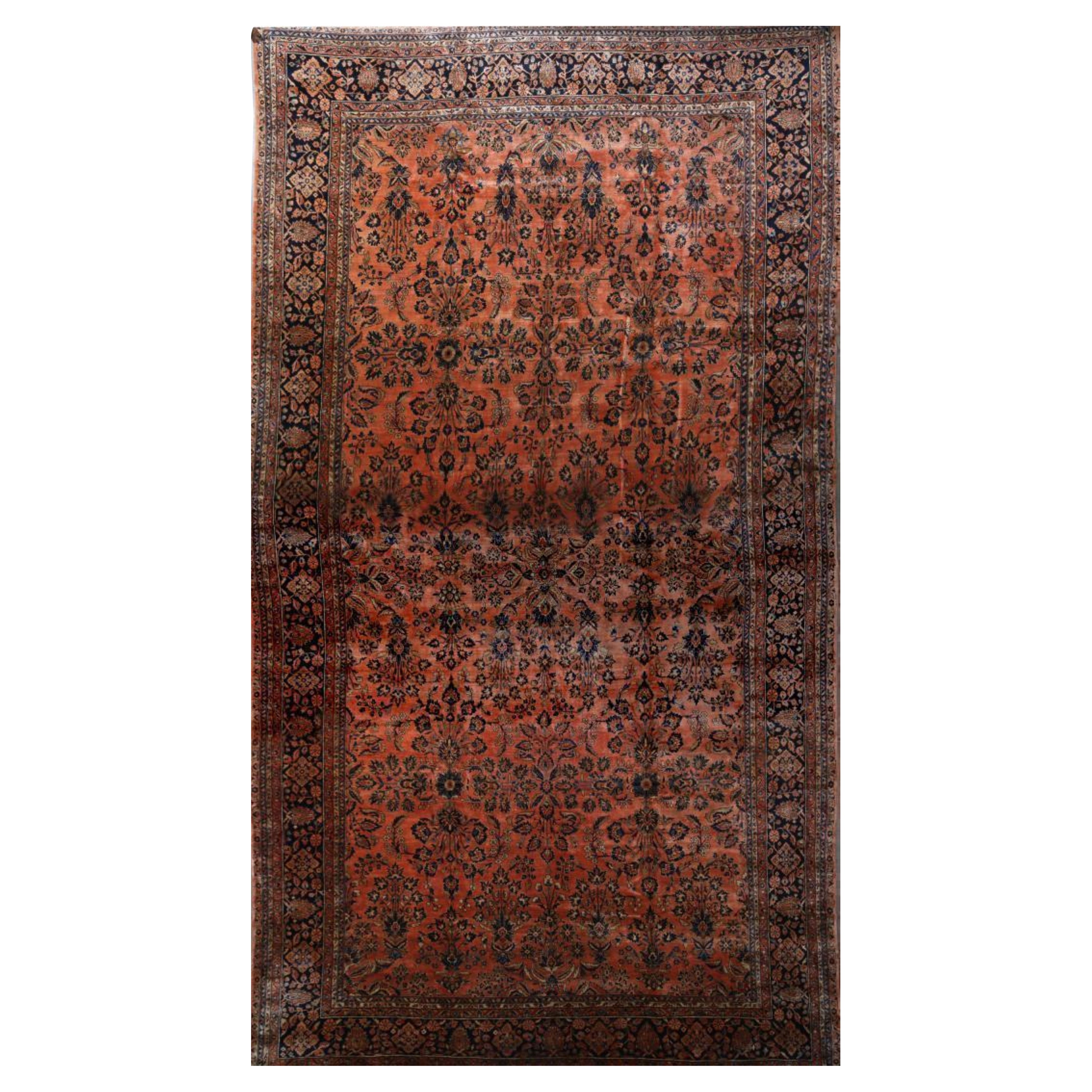 Hand-Knotted Antique Sarouk Persian Rug in Orange and Black Floral Pattern
