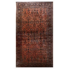 Hand-Knotted Vintage Sarouk Persian Rug in Orange and Black Floral Pattern