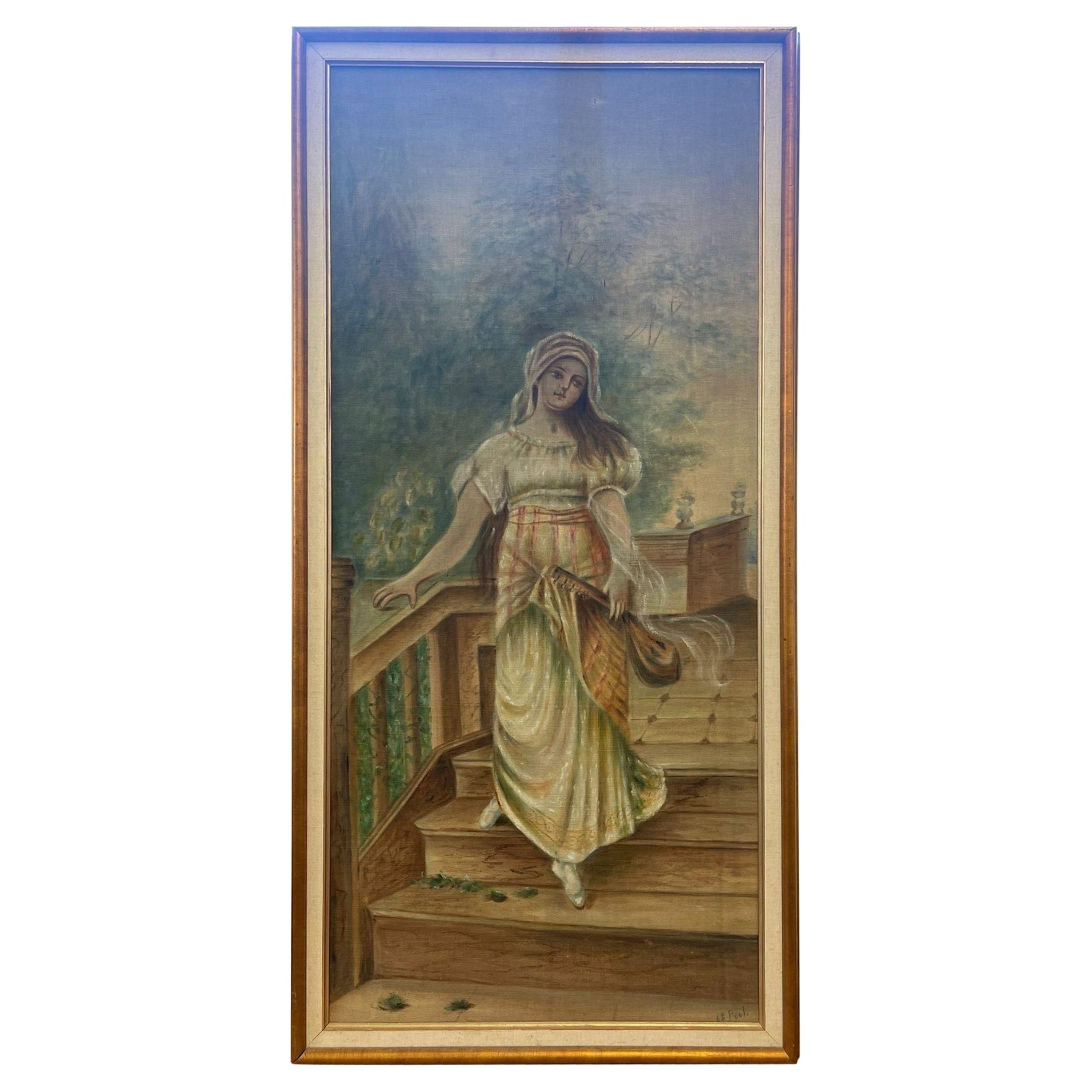 Portrait original peint d'une femme sur tissu, encadré et signé. en vente