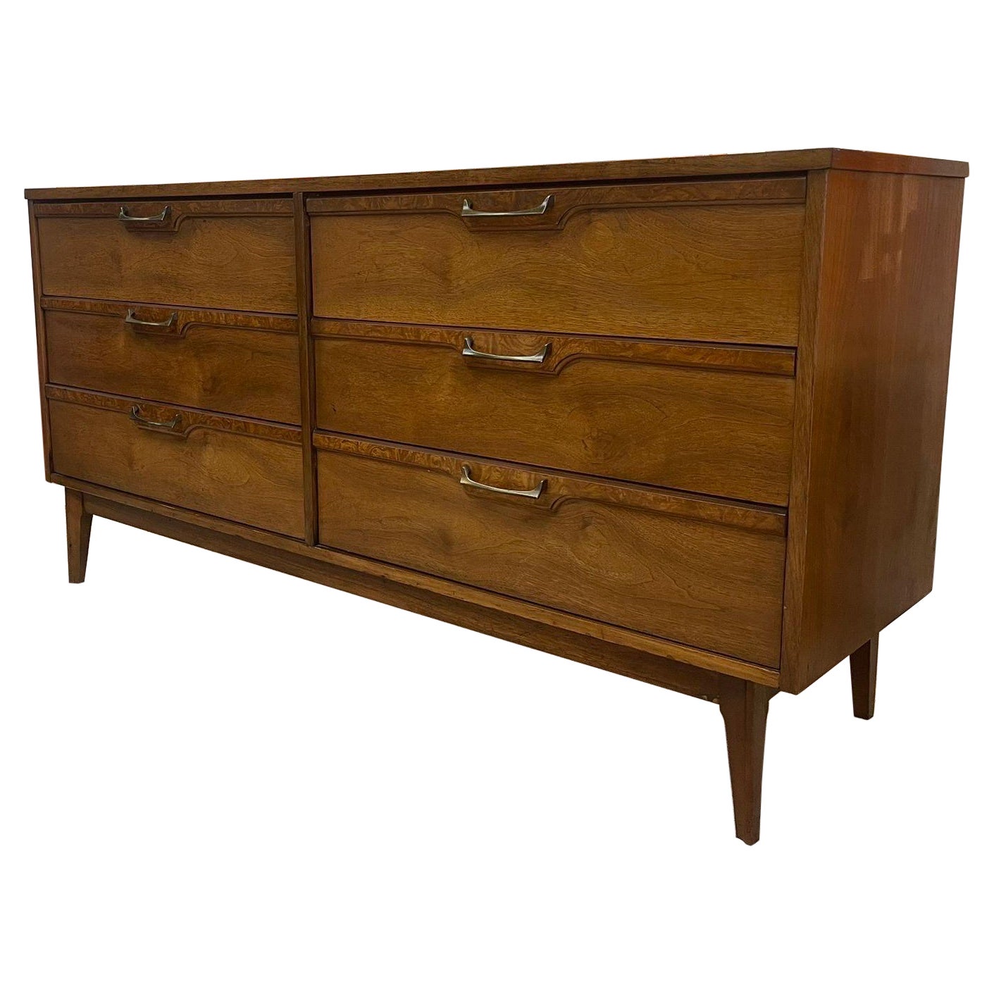 Vintage Mid Century Modern Walnut Toned Credenza With Burl Wood Accents. For Sale