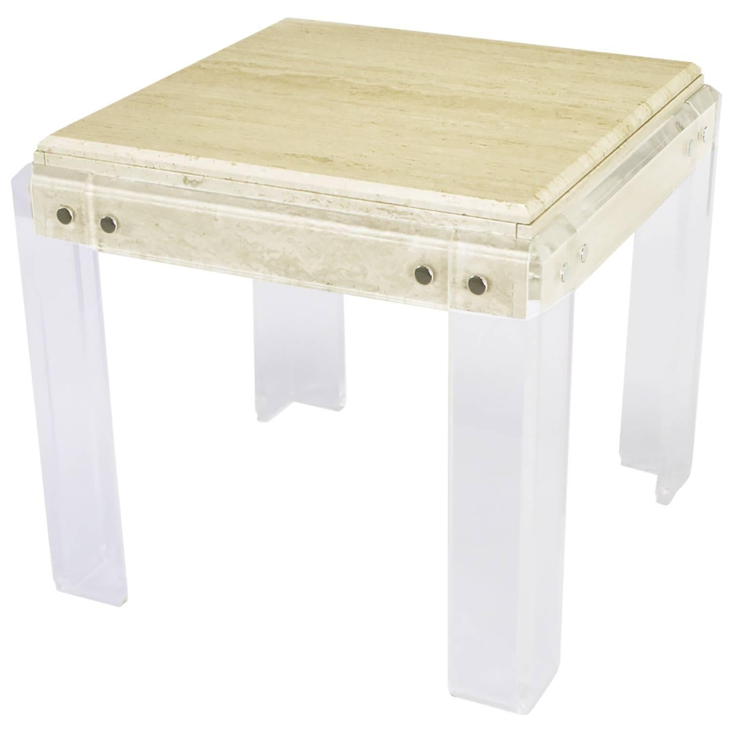 Postmodern Travertine and Lucite Parsons Style Game Table For Sale