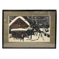 Kiyoshi Saito Signed & Sealed Japanese Woodblock Print Winter in Aizu the Skiers