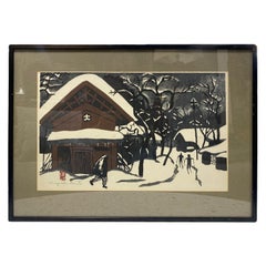 Kiyoshi Saito firmato e sigillato Stampa su legno giapponese Inverno ad Aizu gli sciatori