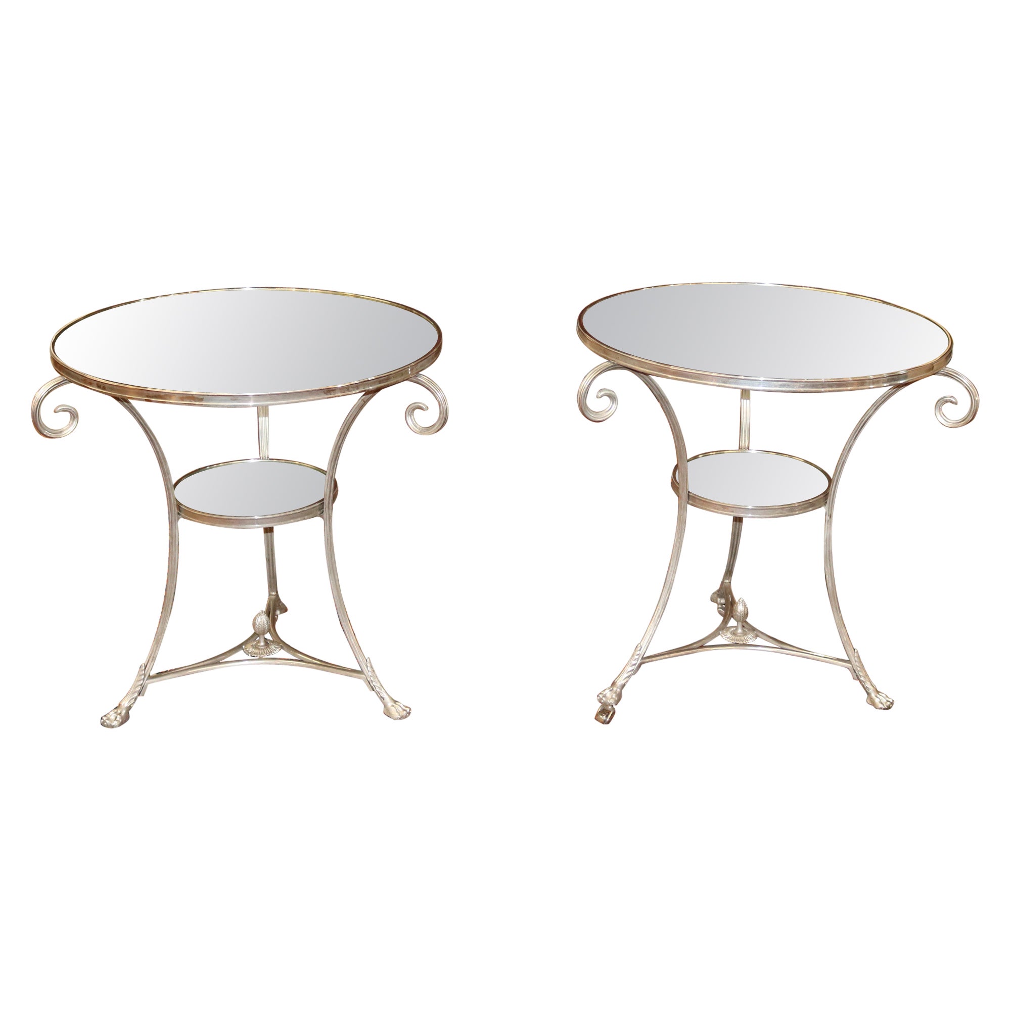 Pair of Vintage Directoire French Silver Plated Mirror Top Gueridon End Tables For Sale