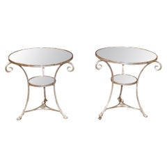 Pair of Vintage Directoire French Silver Plated Mirror Top Gueridon End Tables