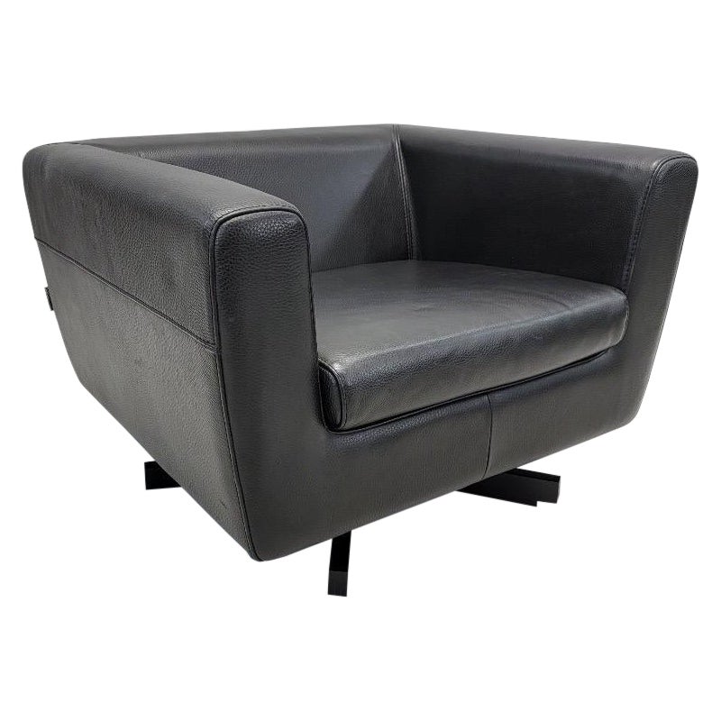 Mid Century Modern Roche Bobois Swivel Lounge Chair in Black Leather For Sale