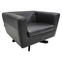Mid Century Modern Roche Bobois Swivel Lounge Chair in Black Leather