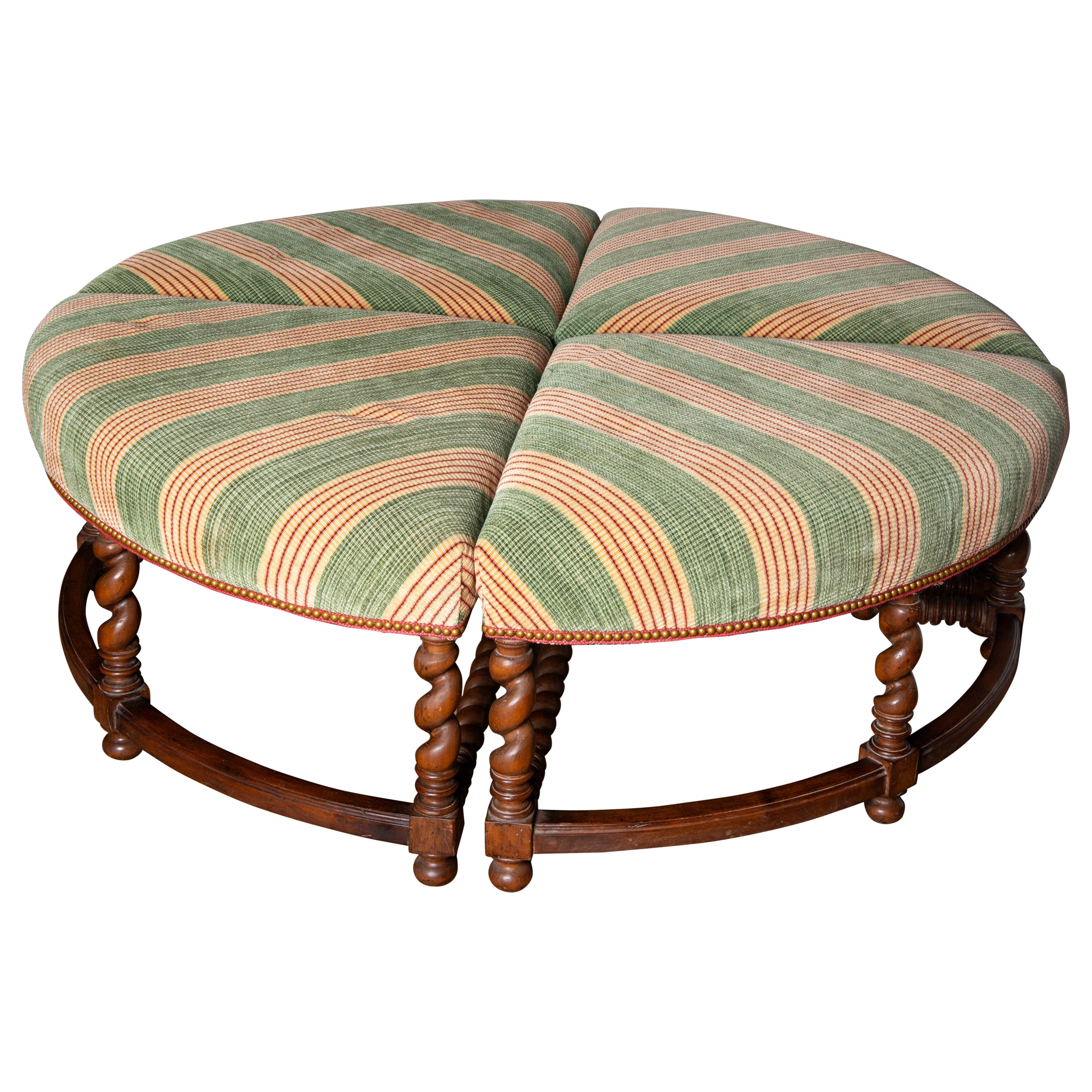 Large Four Piece Round Upholstered Ottoman with Barley Twist Wood Legs For Sale
