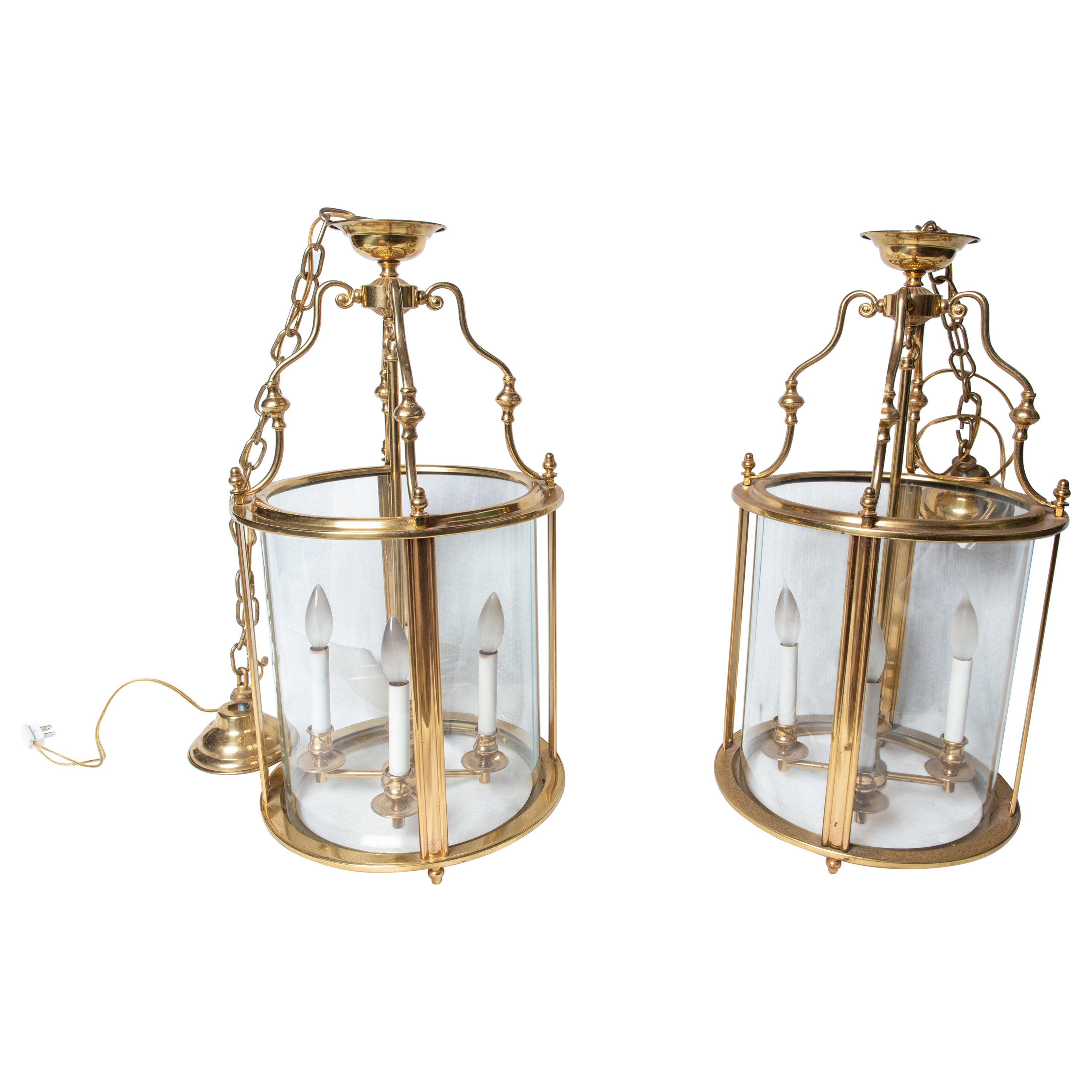 Two Classical Four Light Brass Lanterns, Cylindrical For Sale