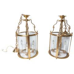 Vintage Two Classical Four Light Brass Lanterns, Cylindrical