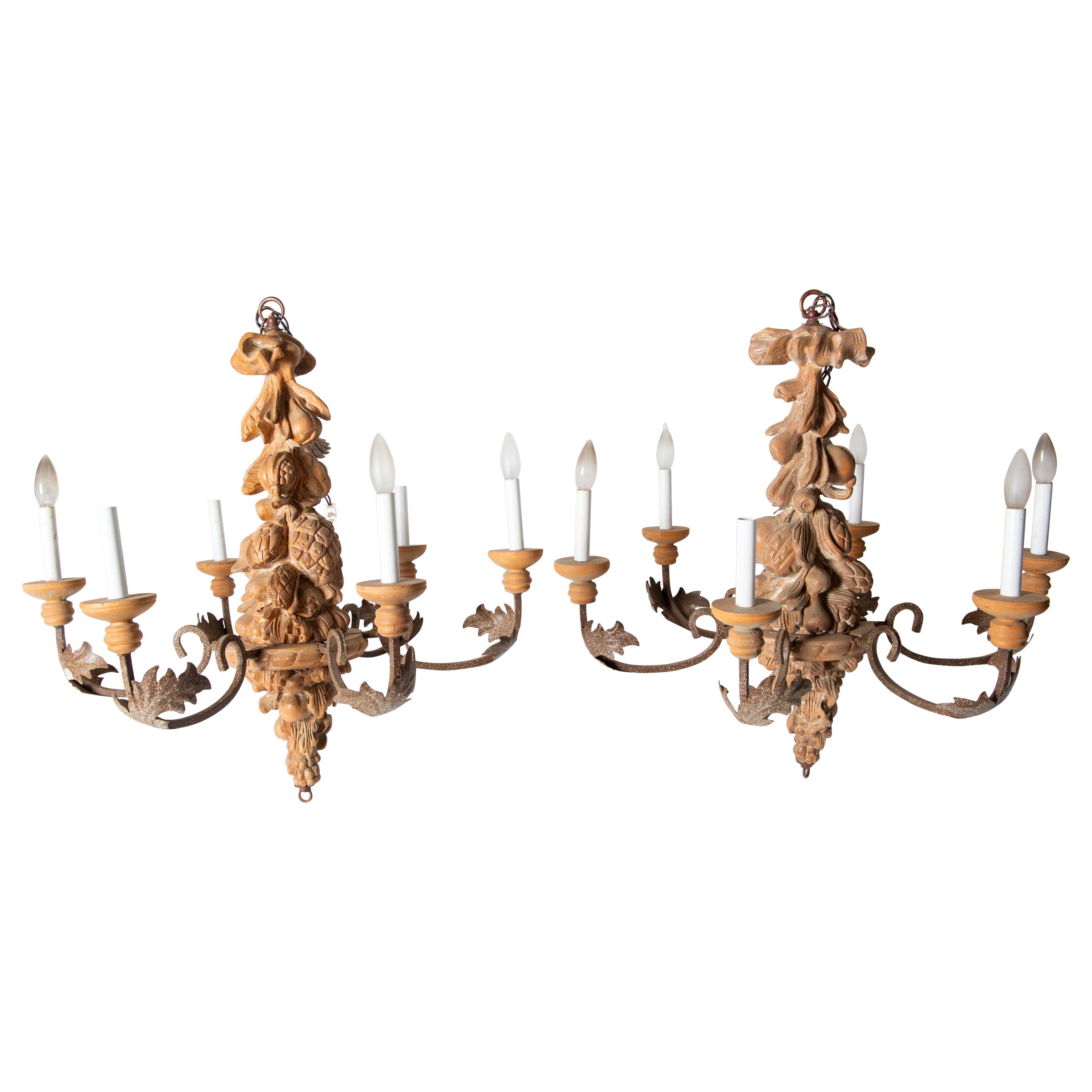 Two Italian Carved Wood and Wrought Iron Chandeliers For Sale