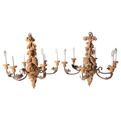 Vintage Two Italian Carved Wood and Wrought Iron Chandeliers
