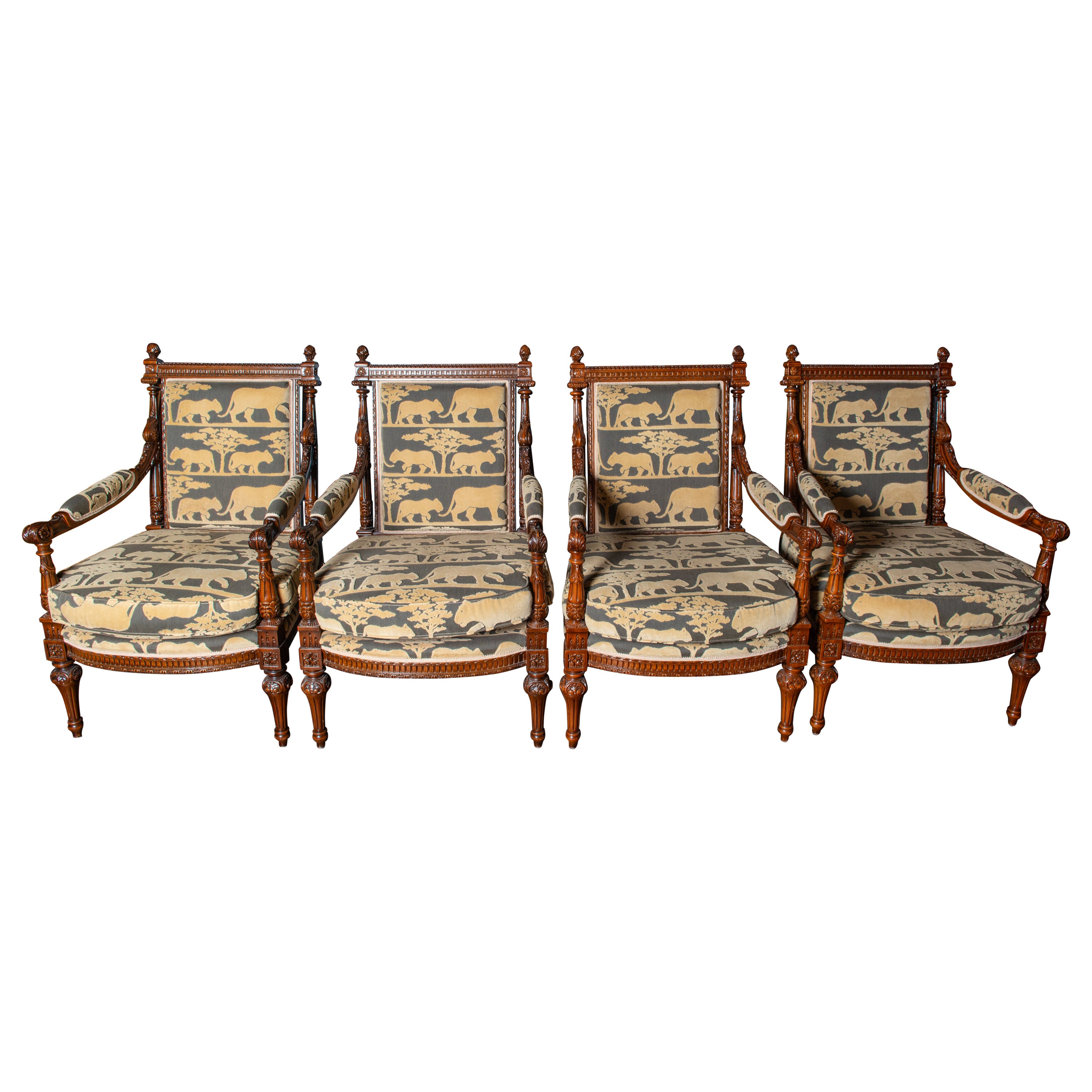 French Carved Walnut Arm Chairs, Velvet Animal Fabric For Sale