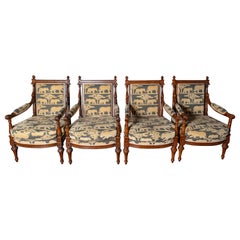 Antique French Carved Walnut Arm Chairs, Velvet Animal Fabric