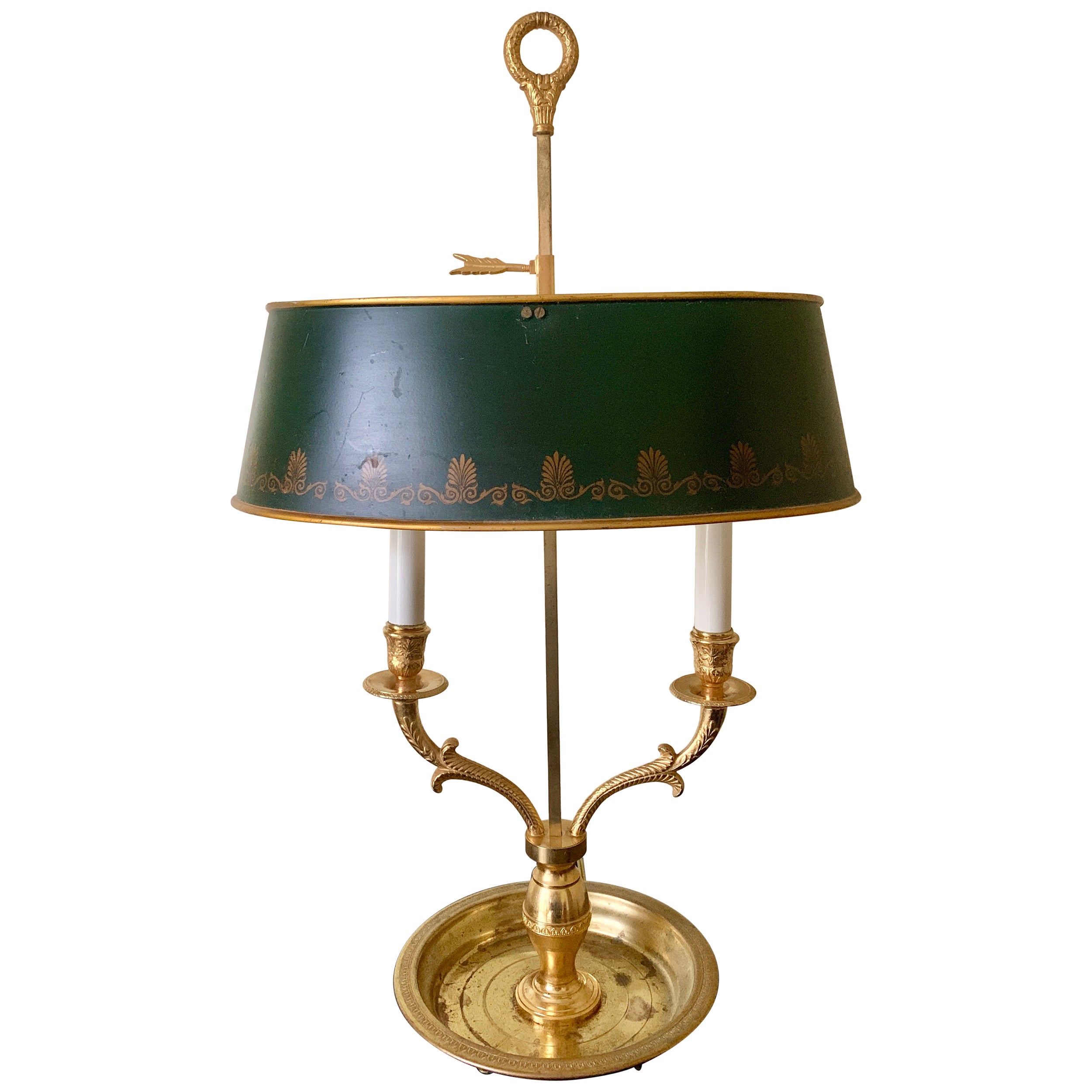 French Provincial Brass Bouillotte Lamp With Stenciled Green Tole Shade For Sale