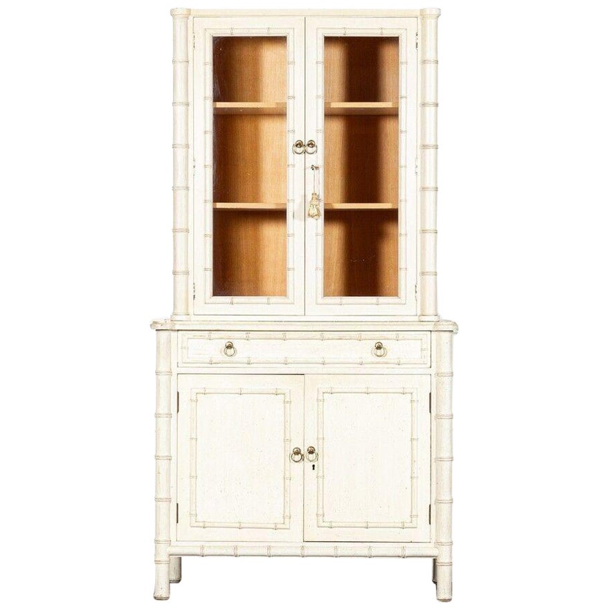 French Painted Faux Bamboo Beech Glazed Breakfront Bookcase / Vitrine For Sale