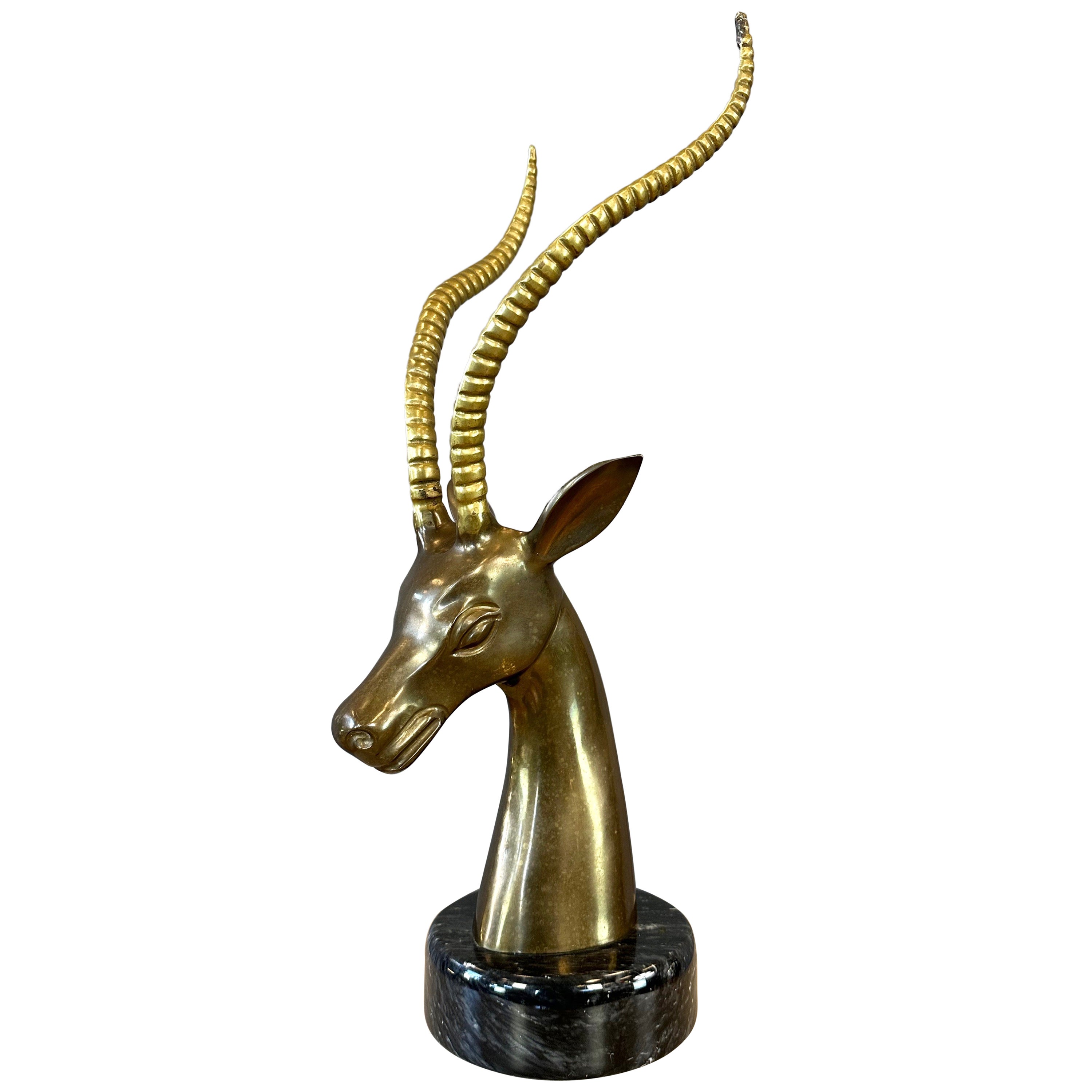Large Two-Tone Brass Impala Bust Sculpture on Black Marble Base, 1970s