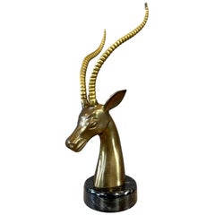 Vintage Large Two-Tone Brass Impala Bust Sculpture on Black Marble Base, 1970s