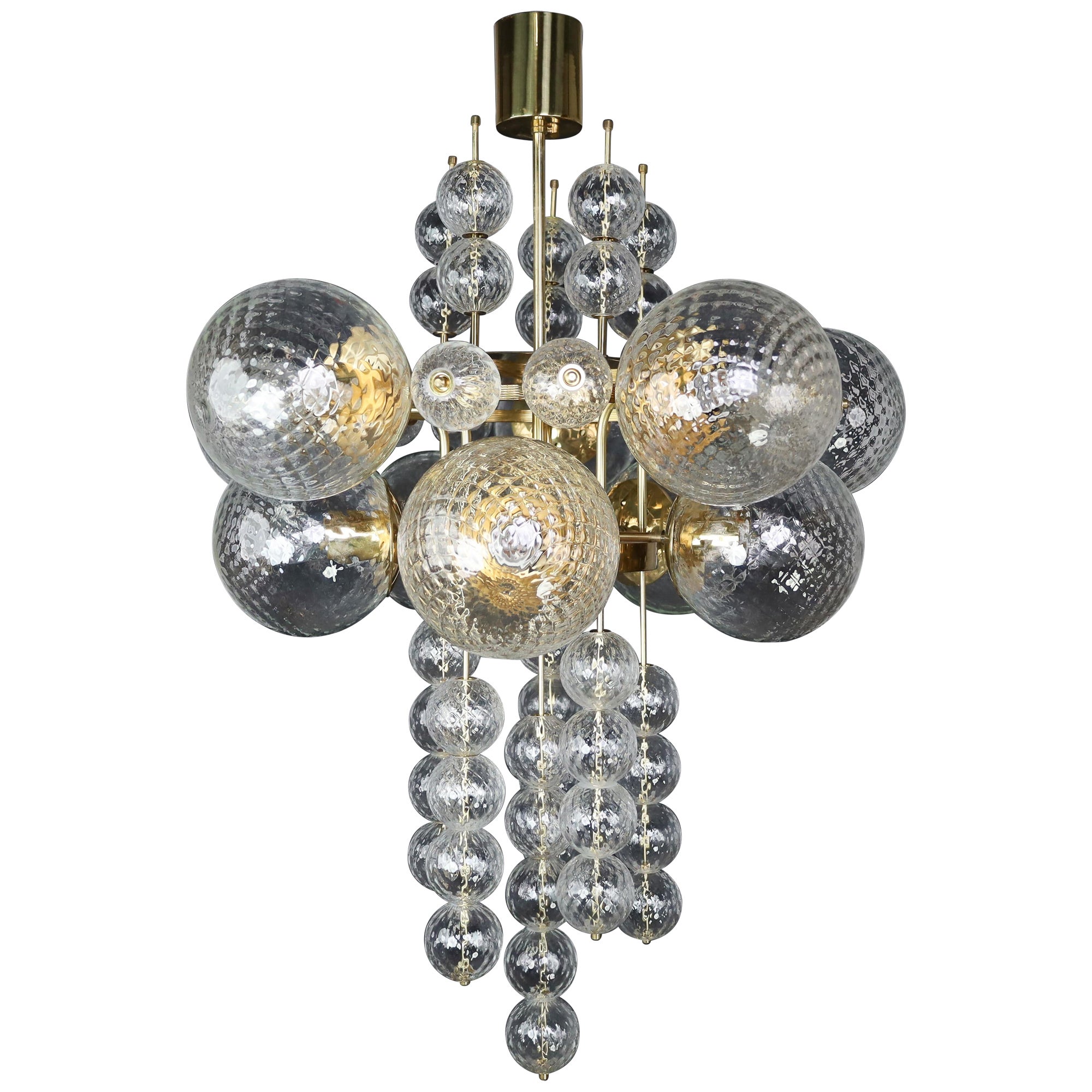 Large Chandelier with brass fixture and hand-blowed glass globes by Preciosa Cz.