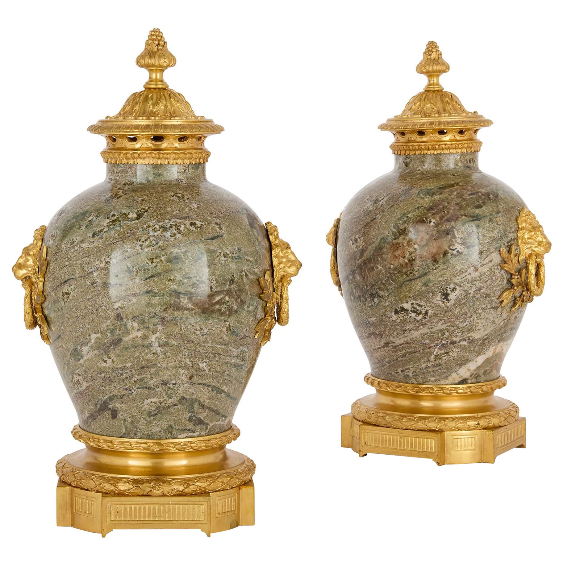 Pair of Empire-Style Marble and Ormolu Vases by Raingo  For Sale