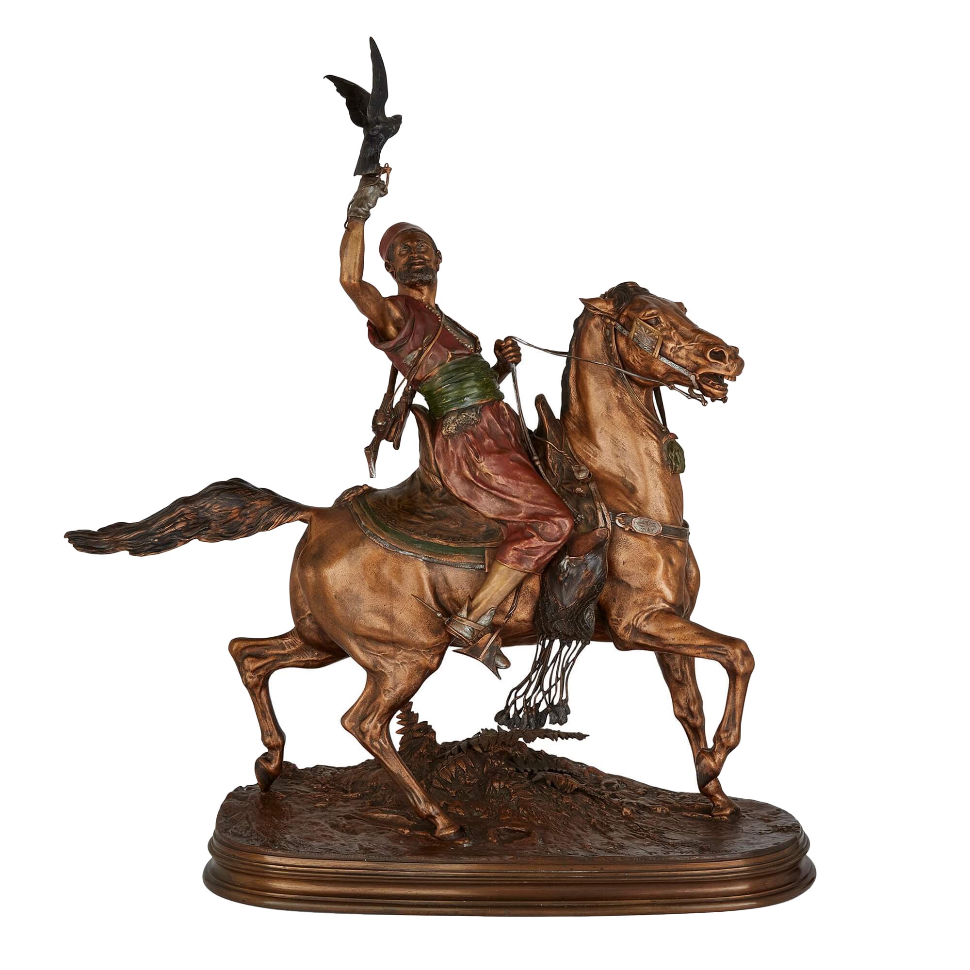The Arab Falconer' Sculpture ancienne en bronze peint d'après Pierre Jules Mêne en vente